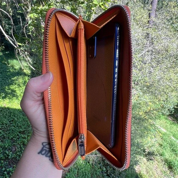 COACH Long Zip-Around Orange Papaya Pebble Leather Wallet w Silver Hardware - Picture 3 of 9